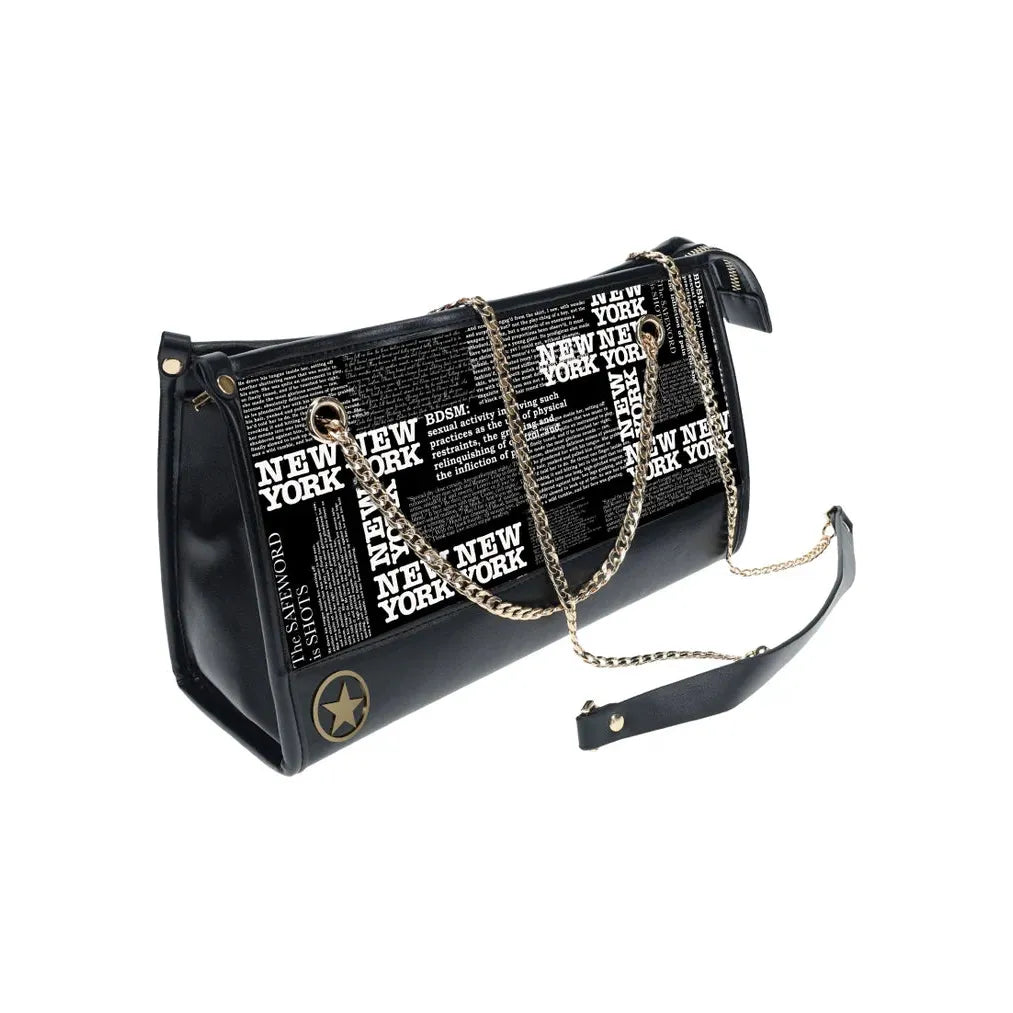 black leather bag with new york theme