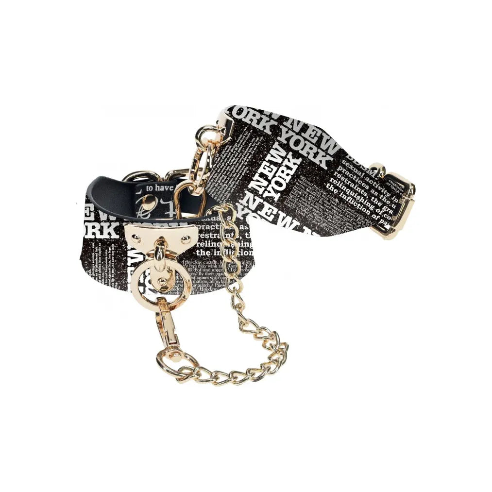 black new york themed ankle cuffs with cold chain