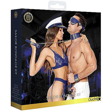 a blue and gold display box depicting a blue lingerie clad woman and a man wearing white pants. They are wearing and using the bondage kit items that are highlighted in the next picture