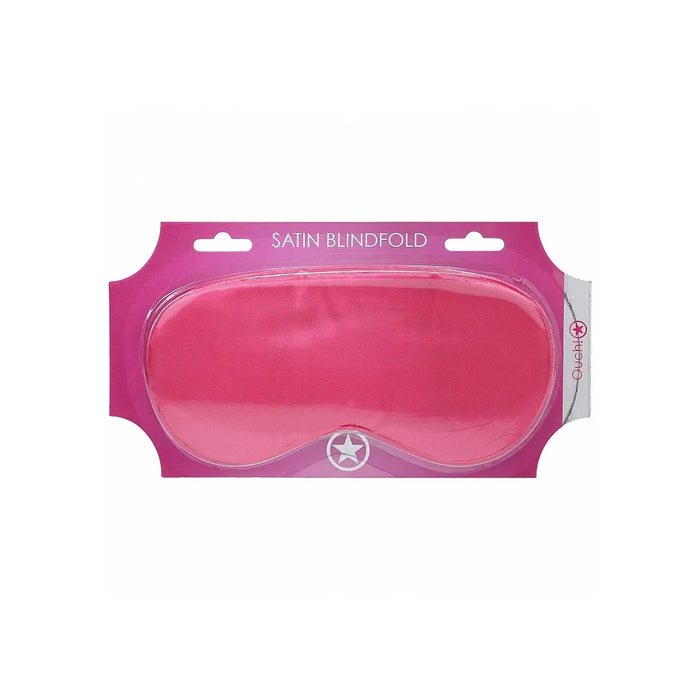 Pink satin blindfold in packaging with brand name on a white background