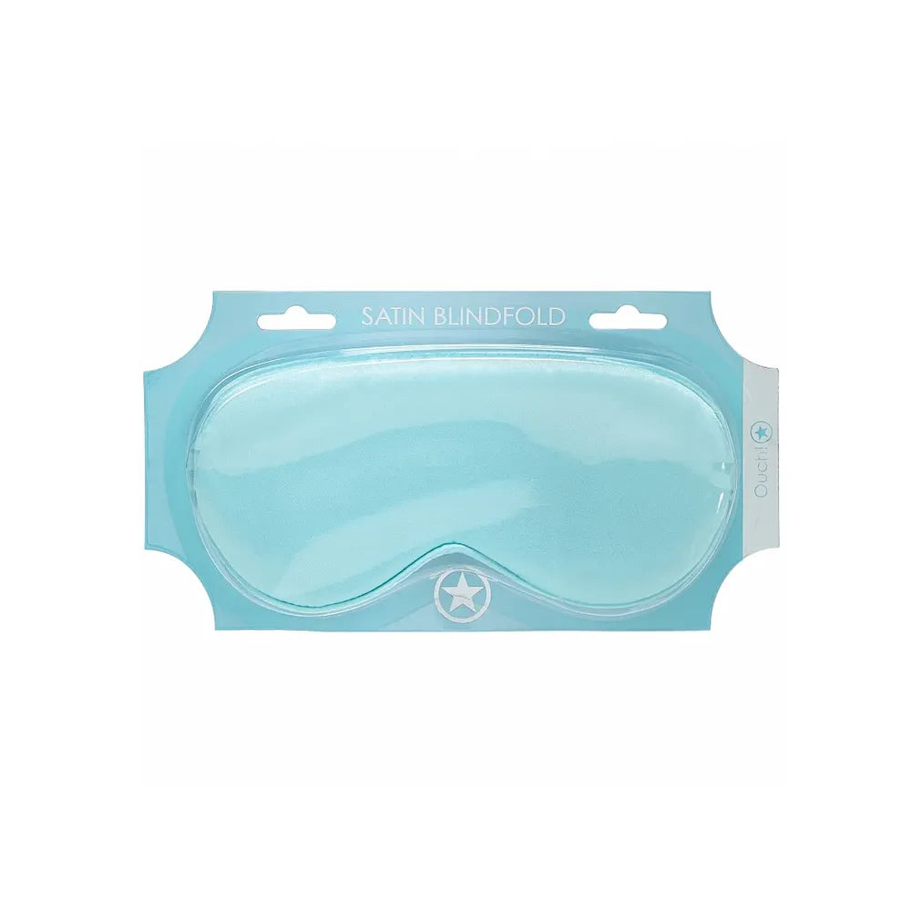 Blue satin blindfold in packaging on a white background