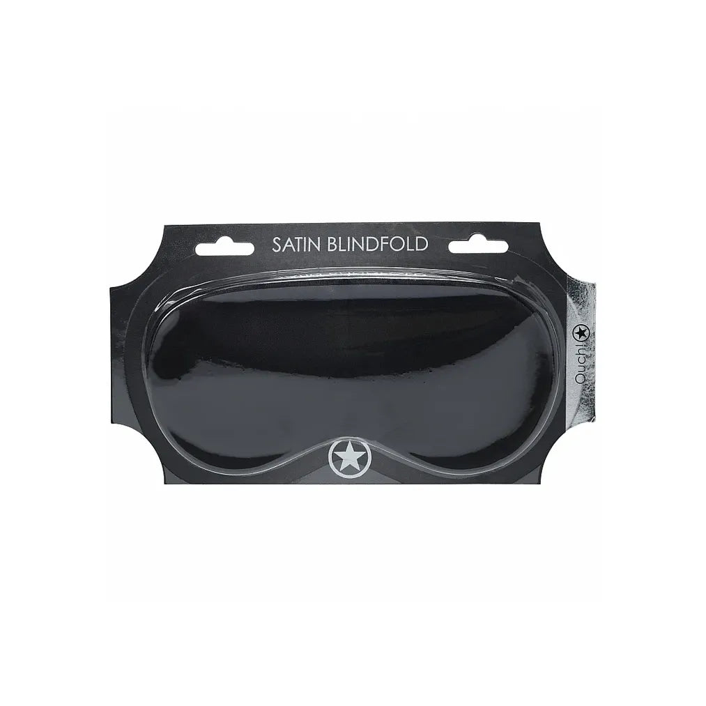 Black satin blindfold in packaging with brand logo on a white background