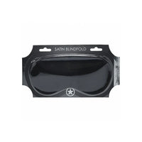 Black satin blindfold in packaging with brand logo on a white background