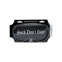 Black satin blindfold with 'Suck Don't Bite' text in packaging on a white background