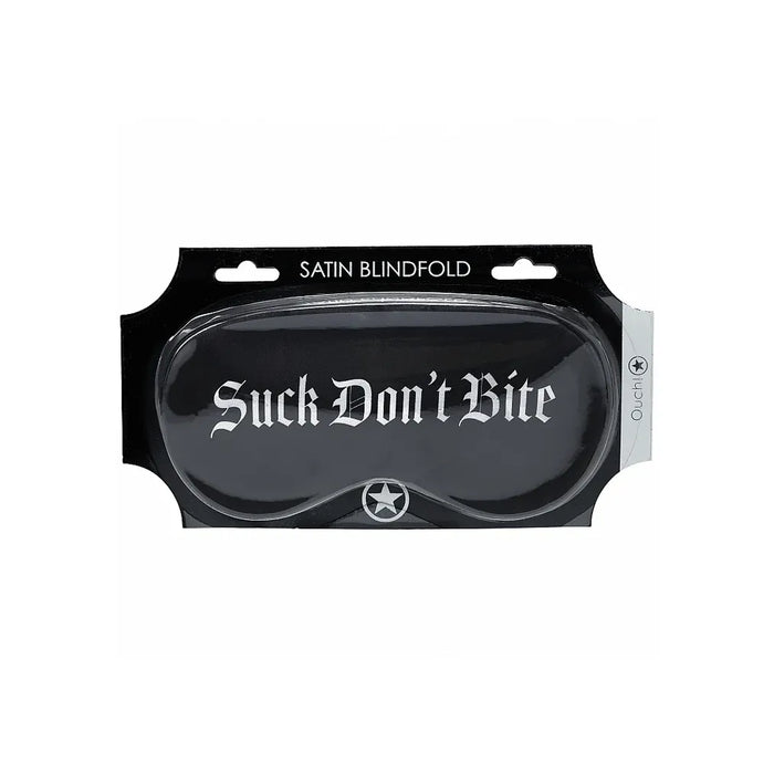 Black satin blindfold with 'Suck Don't Bite' text in packaging on a white background