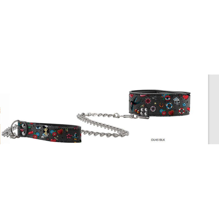 black collar with tattoo printed pattern with chain leash