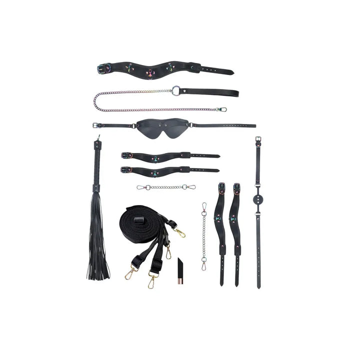 bondage kit venice theme with collar and leash, hand and ankle cuffs, blindfold, ball gag, flogger, restraints