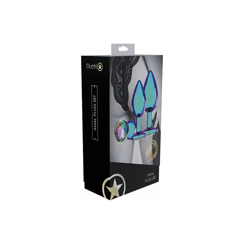 3 sizes metal in blue iridescent anal plugs, with blue gem on bottom, on box packaging 