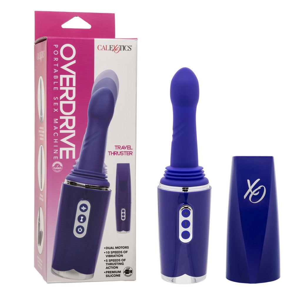 penis shaped head, with slim middle, wide bottom base thrusting vibrator with cover case, beside box packaging