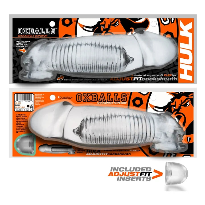 front and back view of a gigantic penis extension with packaging