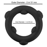 A black ring-shaped product on a white background with overlaid diameter measurements: 'Outer Diameter - 2 in/ 51 mm' at the top and 'Inner Diameter - 1 in/ 25 mm' across the center.