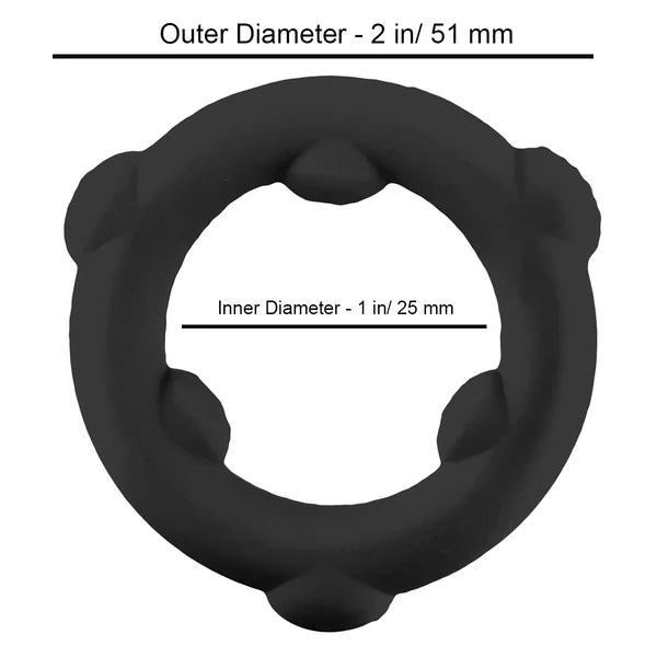 A black ring-shaped product on a white background with overlaid diameter measurements: 'Outer Diameter - 2 in/ 51 mm' at the top and 'Inner Diameter - 1 in/ 25 mm' across the center.