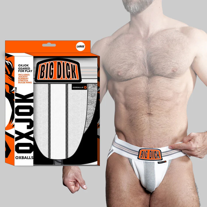 men's jockstrap with big dick slogan in white with grey stripe