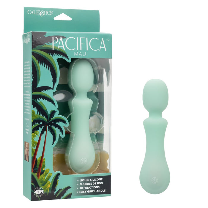 green vibrating massager with round head beside box packaging