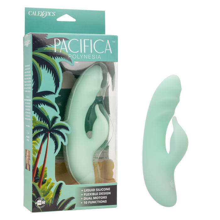 mint green vibrator with curved head, and dolphin style clitoral stimulator beside box packaging