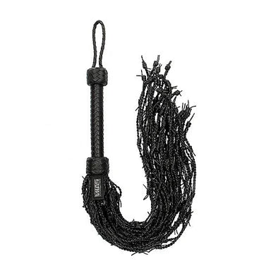 a black flogger with leather barb wire strands and a black handle