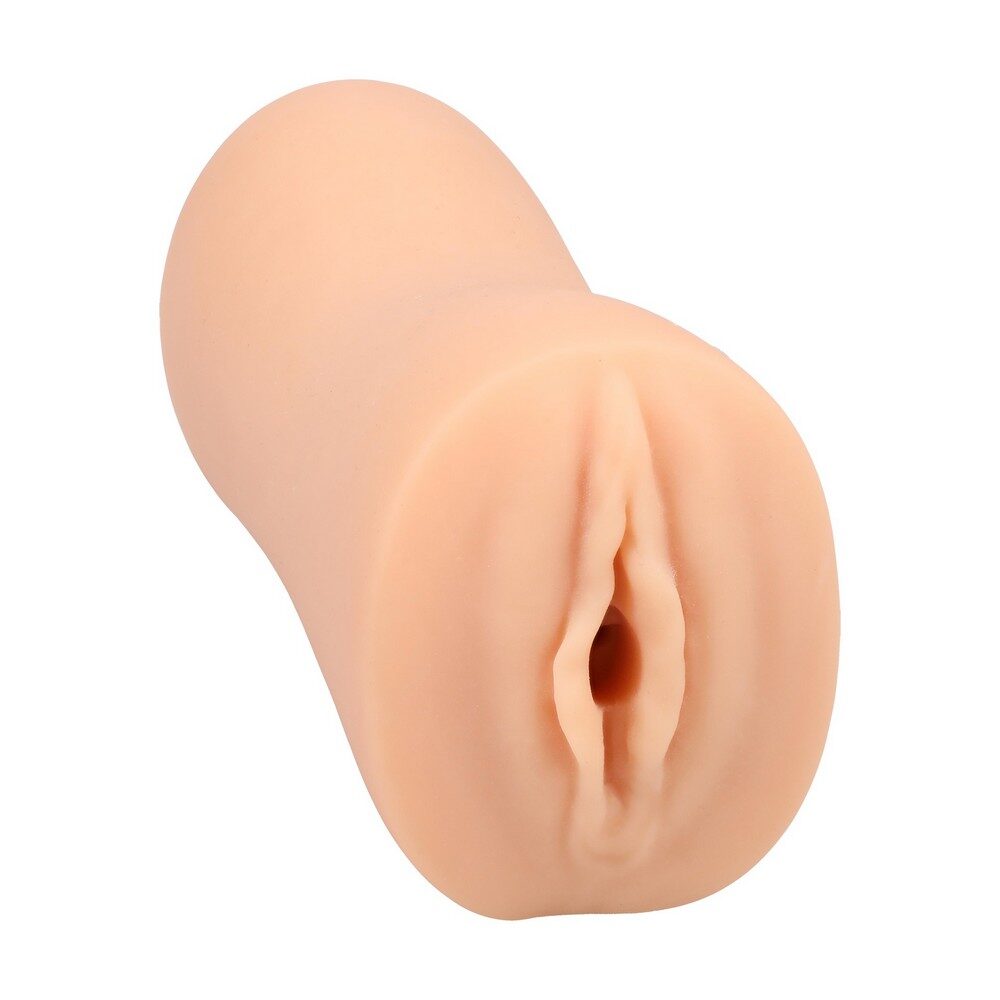 Realistic silicone vagina stroker on a white background