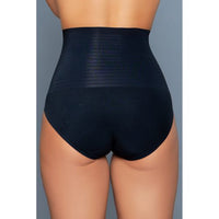 female wearing black high waisted boning panty back view