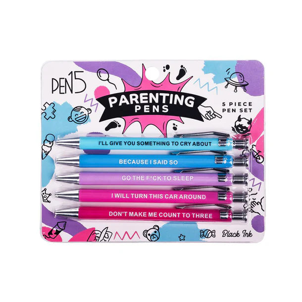 Packaged set of 'Parenting Pens' with colorful packaging and pens.