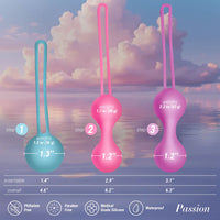 Three pink weight gain balls with measurements against a scenic background