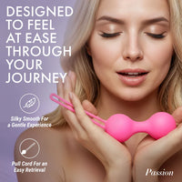 Woman holding a pink passion weighted kegel ball with text about its features on a purple background