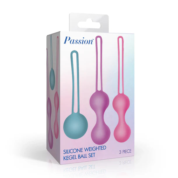 Box of 'Passion' silicone weighted kegel balls on a white background