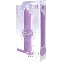 a white and purple box depicting a purple vibrator with a smooth shaft and pointed tip