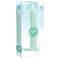 a white and green box depicting a mint green vibrator with a smooth shaft and pointed tip