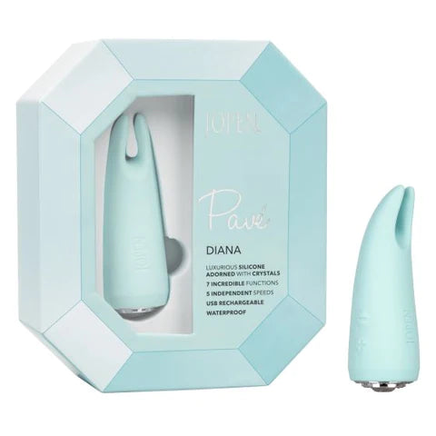 a short stubby light blue vibrator with two extended vibrating points. It has a silver and gem base and is shown next to its light blue display box