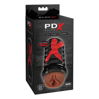 Black and red packaging with a brown masturbator with a vaginal opening on the front. The masturbator has a hard black shell with a large red x on it 
