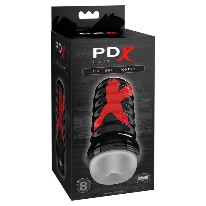 black and red packaging with the clear masturbator in the front. the masturbator has a hard black shell with a large red x on it 