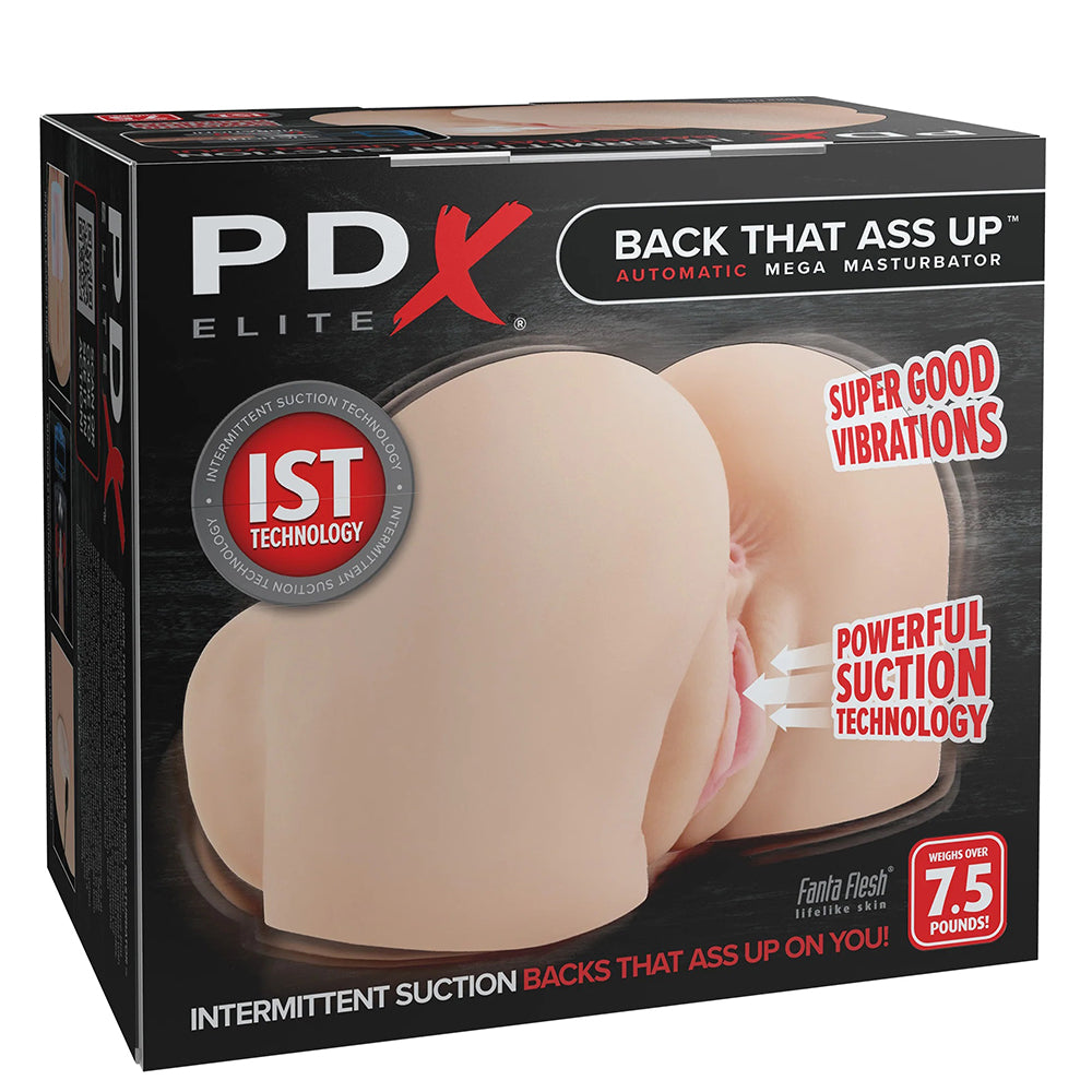 pdx elite realistic ass and vagina masturbator with super good vibrations, powerful suction technology on box packaging