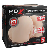 pdx elite realistic ass and vagina masturbator with super good vibrations, powerful suction technology on box packaging