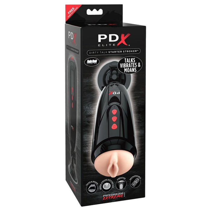 Black and red packaging with the beige masturbator on the front. The masturbator has a black hard shell with three red buttons on the front 