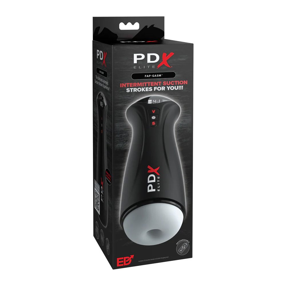 black and frosted intermittent suction masturbator on product packaging