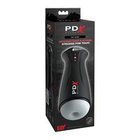black and frosted intermittent suction masturbator on product packaging
