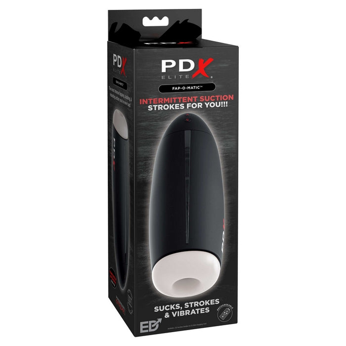 Black and red packaging with a white masturbator on the front. The masturbator has a circle opening and a hard black shell 