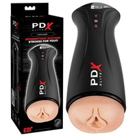 realistic vagina automatic masturbator with black casing, beside box packaging
