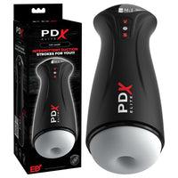 frosted sleeve masturbator with black casing, automatic masturbator beside box packaging
