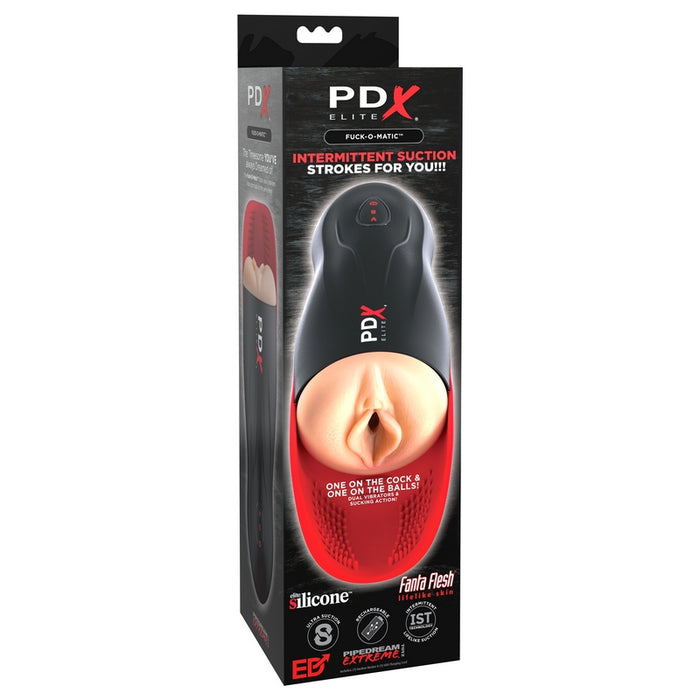 Black and red packaging with the beige masturbator on the front. The masturbator has a vaginal opening and a black hard shell with three red buttons on the front 