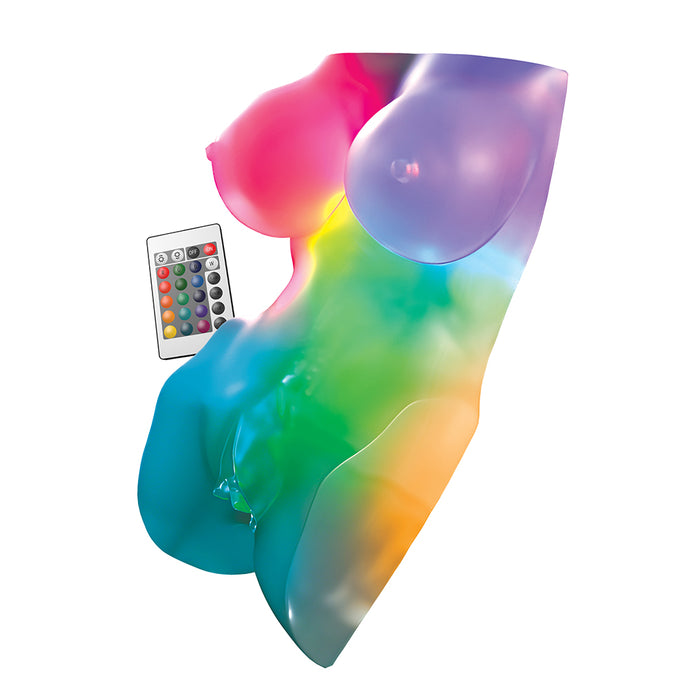 Colorful torso masturbator with a remote control on a white background