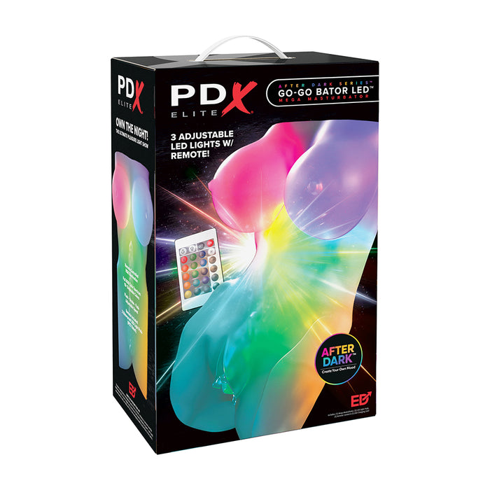 PDX Elite Go-Go Bator LED adult novelty masturbator product retail box, featuring a black package design with a colorful graphic of a glowing translucent bulb and a small remote control illustration.