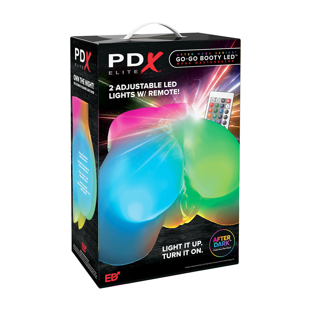 PDX Elite Go-Go Booty LED light box packaging, featuring a black box with a colorful graphic of two glowing LED lights in blue and green, and a remote control illustration.