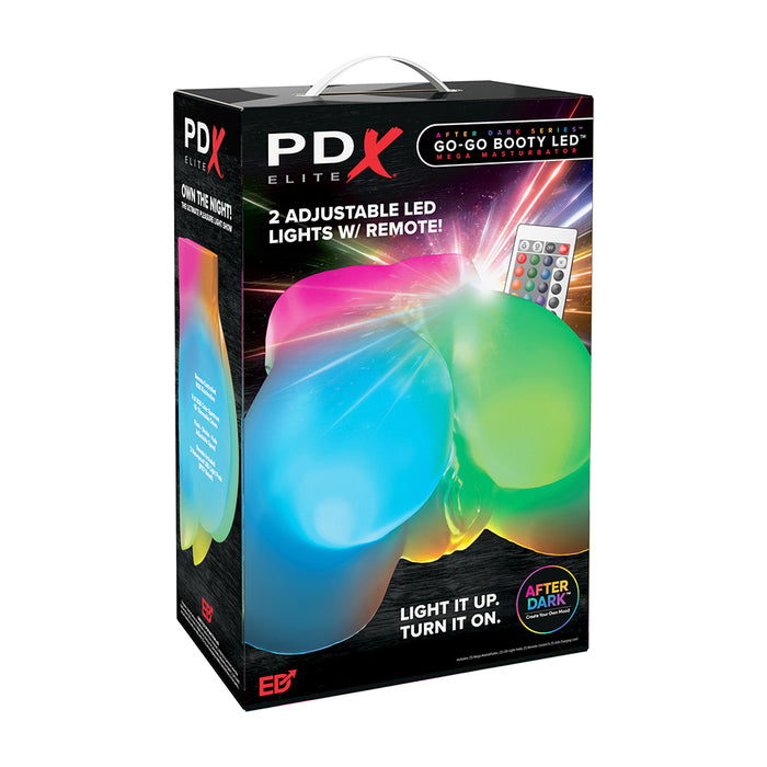 PDX Elite Go-Go Booty LED light box packaging, featuring a black box with a colorful graphic of two glowing LED lights in blue and green, and a remote control illustration.