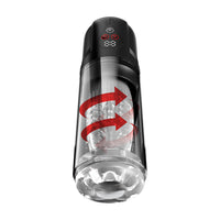 A transparent cylindrical adult novelty device with a black top control section, red arrows indicating motion, and a clear base, shown on a plain white background.
