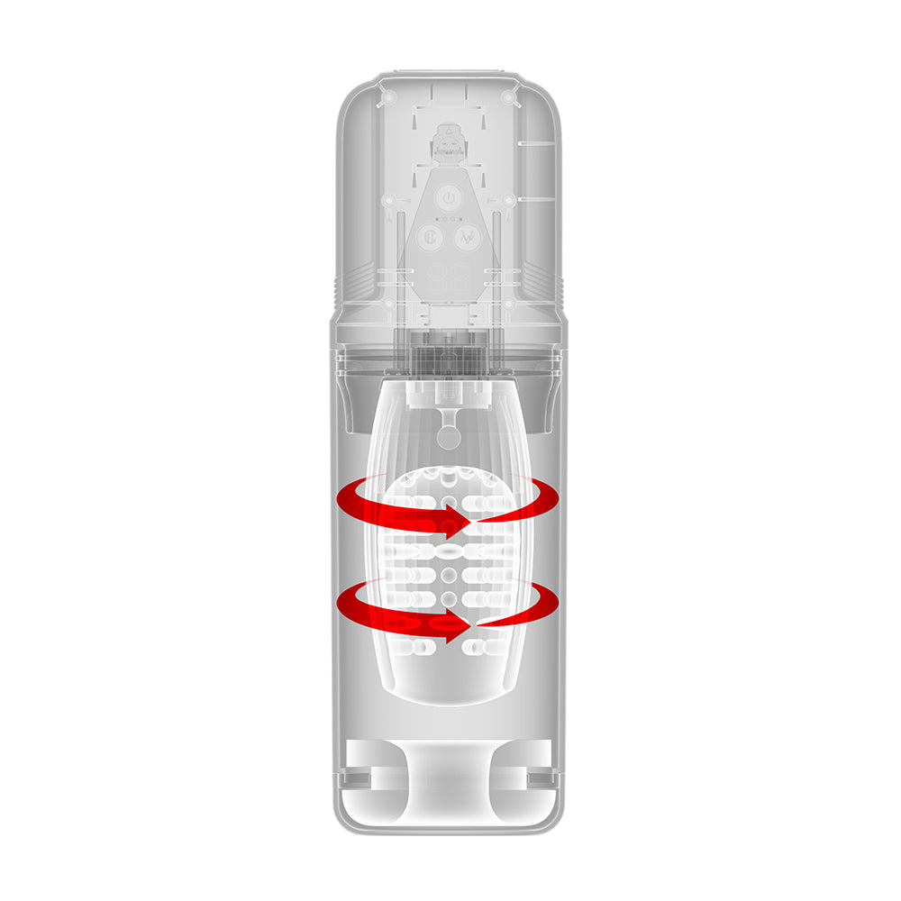 A transparent cylindrical product shown on a white background with red circular arrows overlaid around the center, indicating a functional or usage feature.
