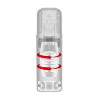 A transparent cylindrical product shown on a white background with red circular arrows overlaid around the center, indicating a functional or usage feature.