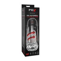 PDX Sex Toys Mega Baser Pro 8 in its retail packaging, featuring a black box with a clear window displaying the transparent silicone base with red graphic arrows indicating motion.
