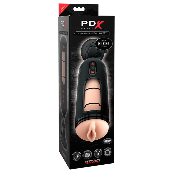 Black and red packaging with the beige masturbator on the front. The masturbator has a hard black shell with a see-through window and three red buttons on the front 