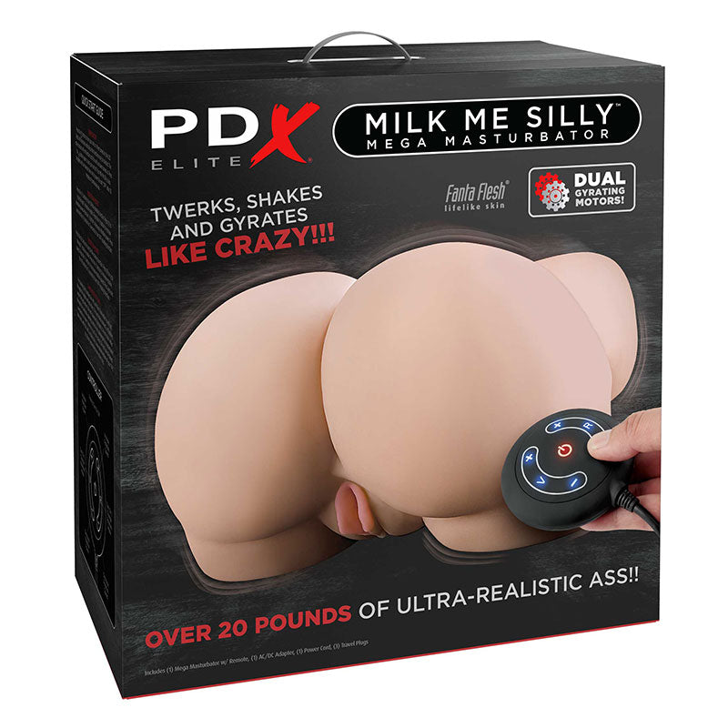 Mega masturbator packaging with text and product image on a black background
